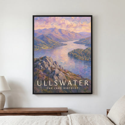 Ullswater travel poster in a black frame, hanging in a bedroom3