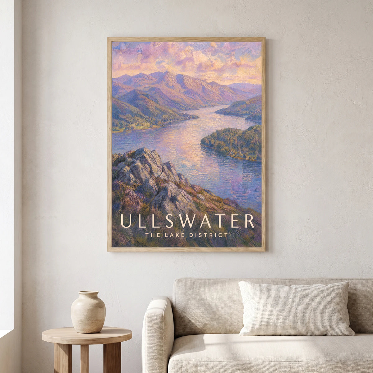 Ullswater travel poster in a natural frame, hanging in a living