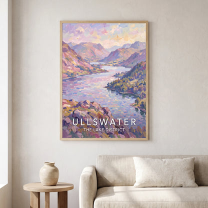 Ullswater travel poster in a natural frame, hanging in a living
