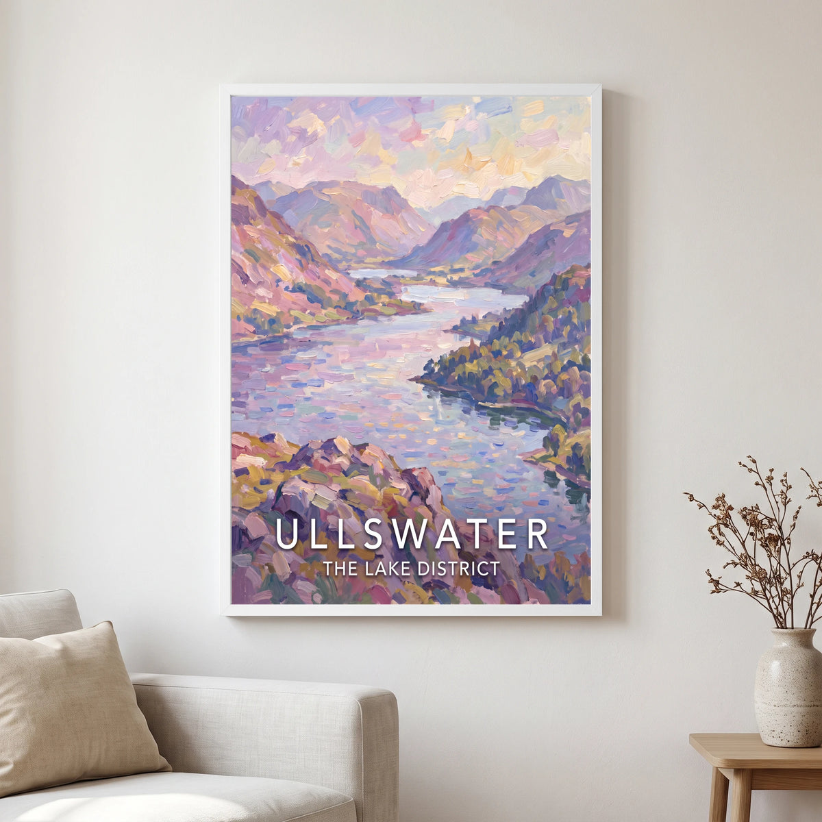 Ullswater travel poster in a white frame, hanging in a living2