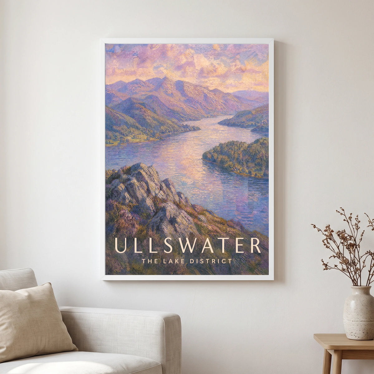 Ullswater travel poster in a white frame, hanging in a living2