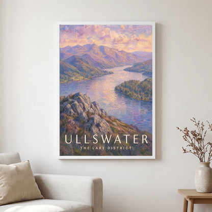Ullswater travel poster in a white frame, hanging in a living2
