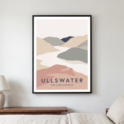 Ullswater travel poster in a black frame, hanging in a bedroom3