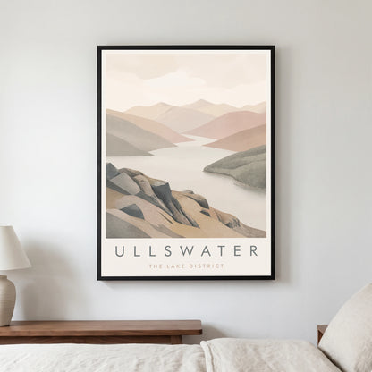 Ullswater travel poster in a black frame, hanging in a bedroom3