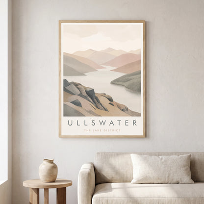 Ullswater travel poster in a natural frame, hanging in a living