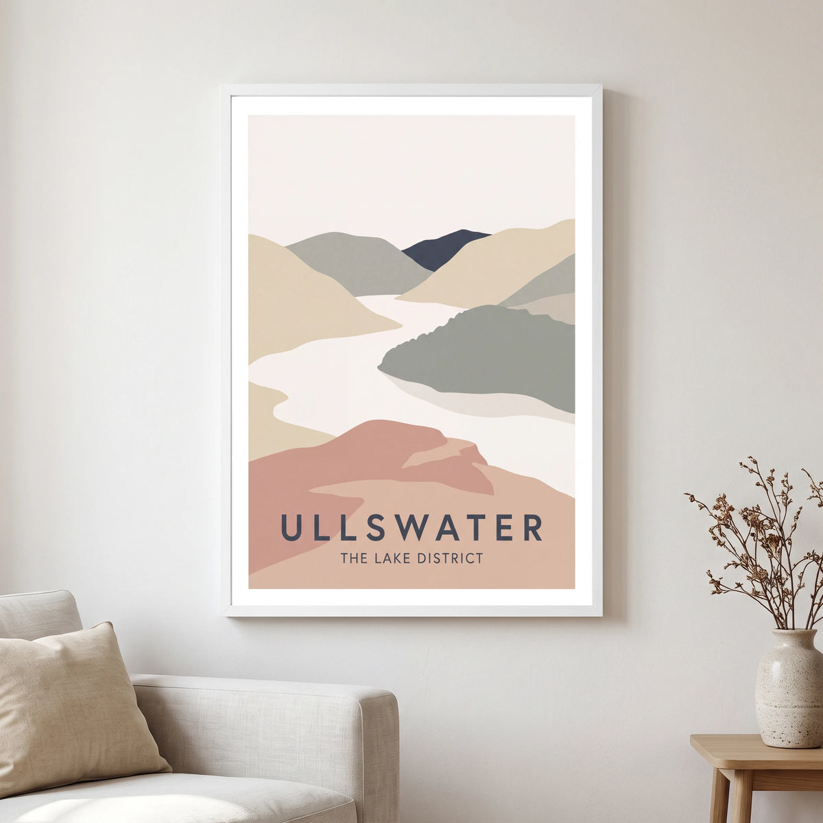 Ullswater travel poster in a white frame, hanging in a living2