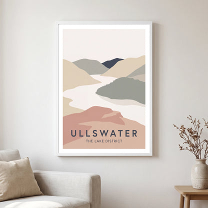 Ullswater travel poster in a white frame, hanging in a living2