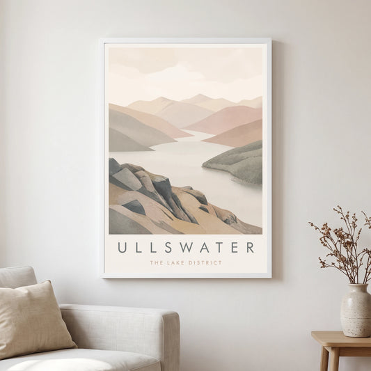 Ullswater travel poster in a white frame, hanging in a living2