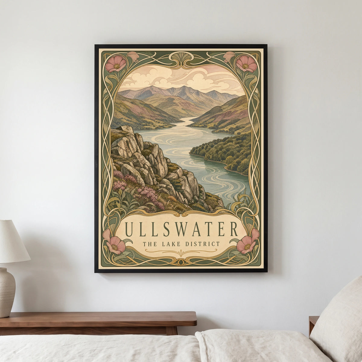 Ullswater travel poster in a black frame, hanging in a bedroom3