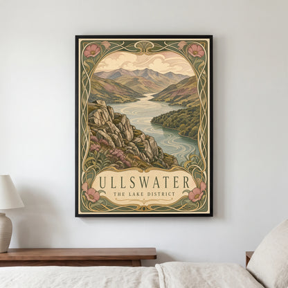 Ullswater travel poster in a black frame, hanging in a bedroom3
