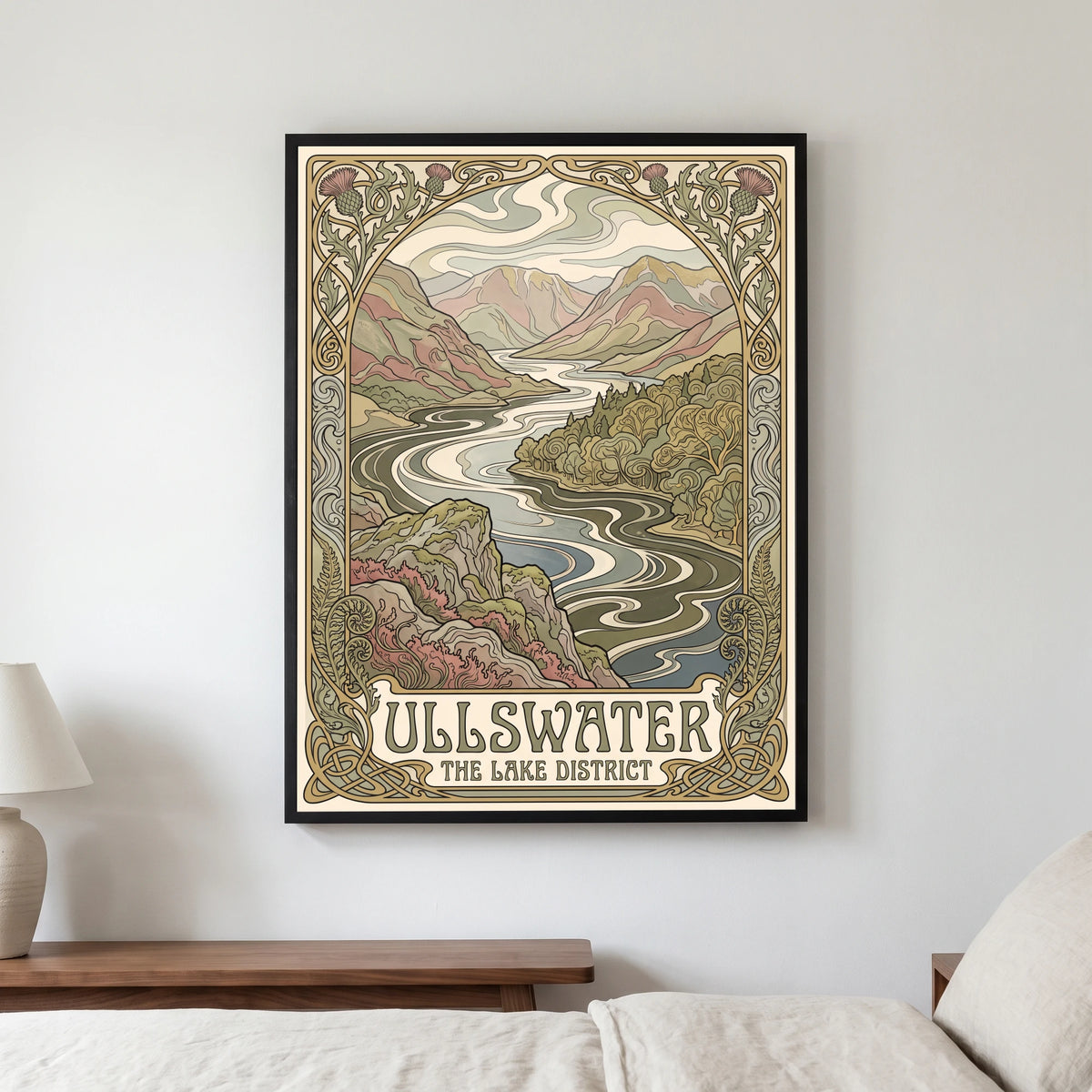 Ullswater travel poster in a black frame, hanging in a bedroom3
