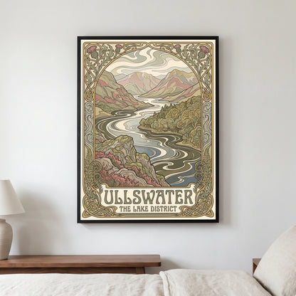 Ullswater travel poster in a black frame, hanging in a bedroom3