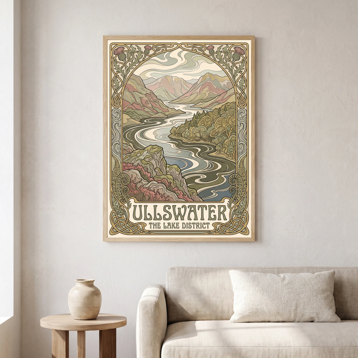 Ullswater travel poster in a natural frame, hanging in a living