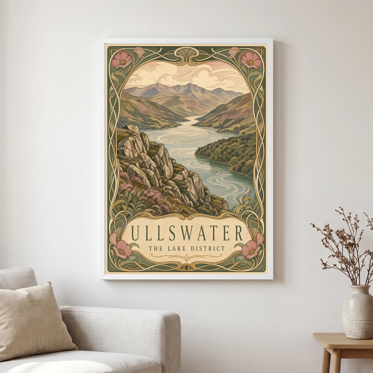 Ullswater travel poster in a white frame, hanging in a living2