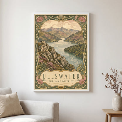 Ullswater travel poster in a white frame, hanging in a living2