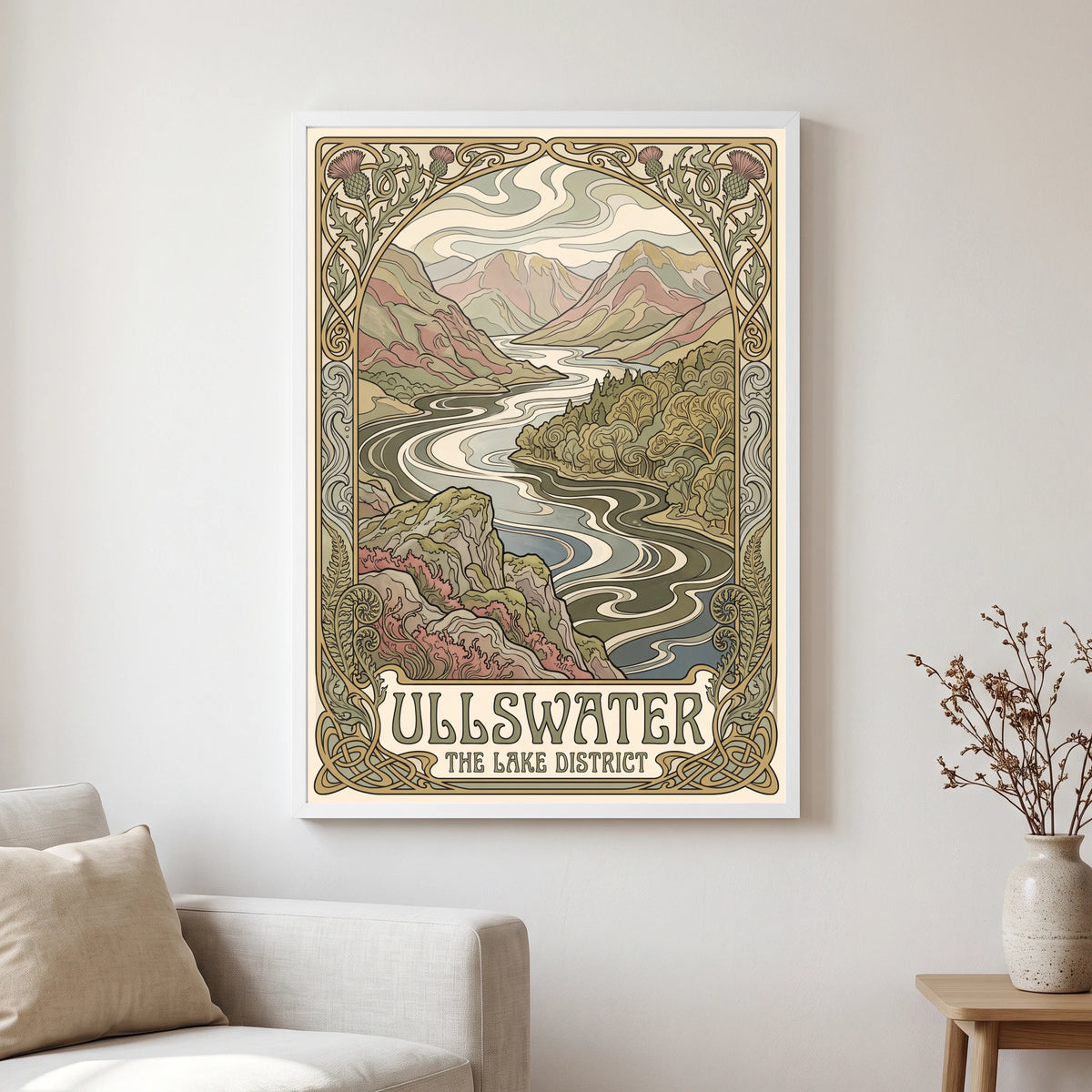 Ullswater travel poster in a white frame, hanging in a living2