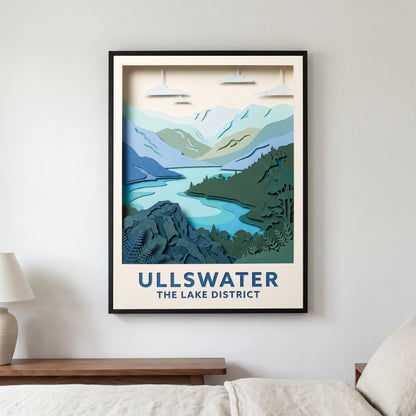 Ullswater travel poster in a black frame, hanging in a bedroom3
