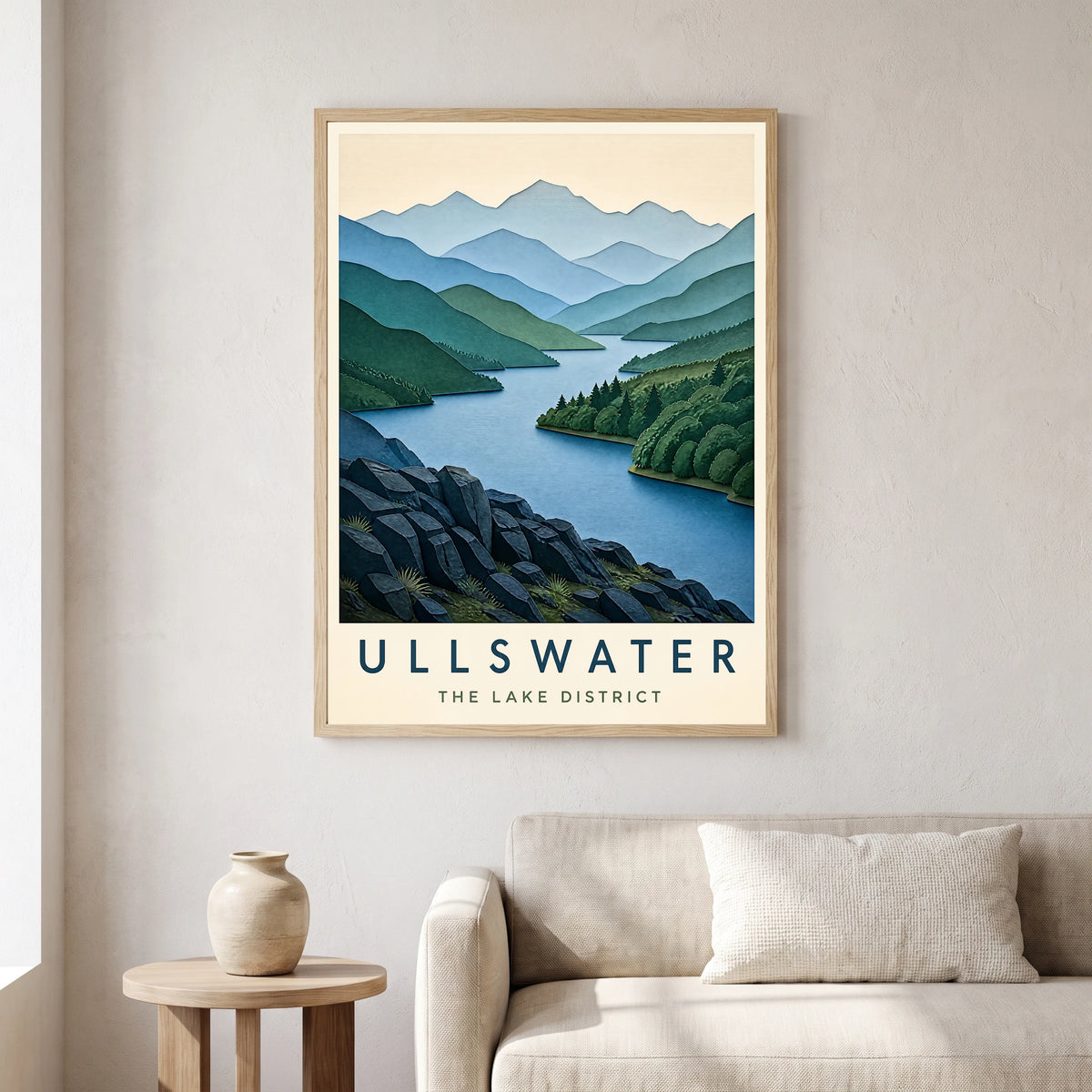Ullswater travel poster in a natural frame, hanging in a living