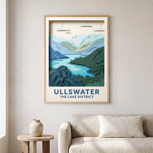 Ullswater travel poster in a natural frame, hanging in a living