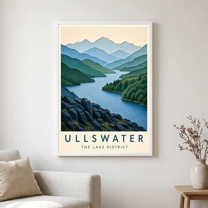 Ullswater travel poster in a white frame, hanging in a living2