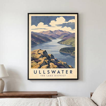 Ullswater travel poster in a black frame, hanging in a bedroom3