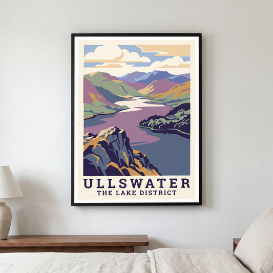 Ullswater travel poster in a black frame, hanging in a bedroom3
