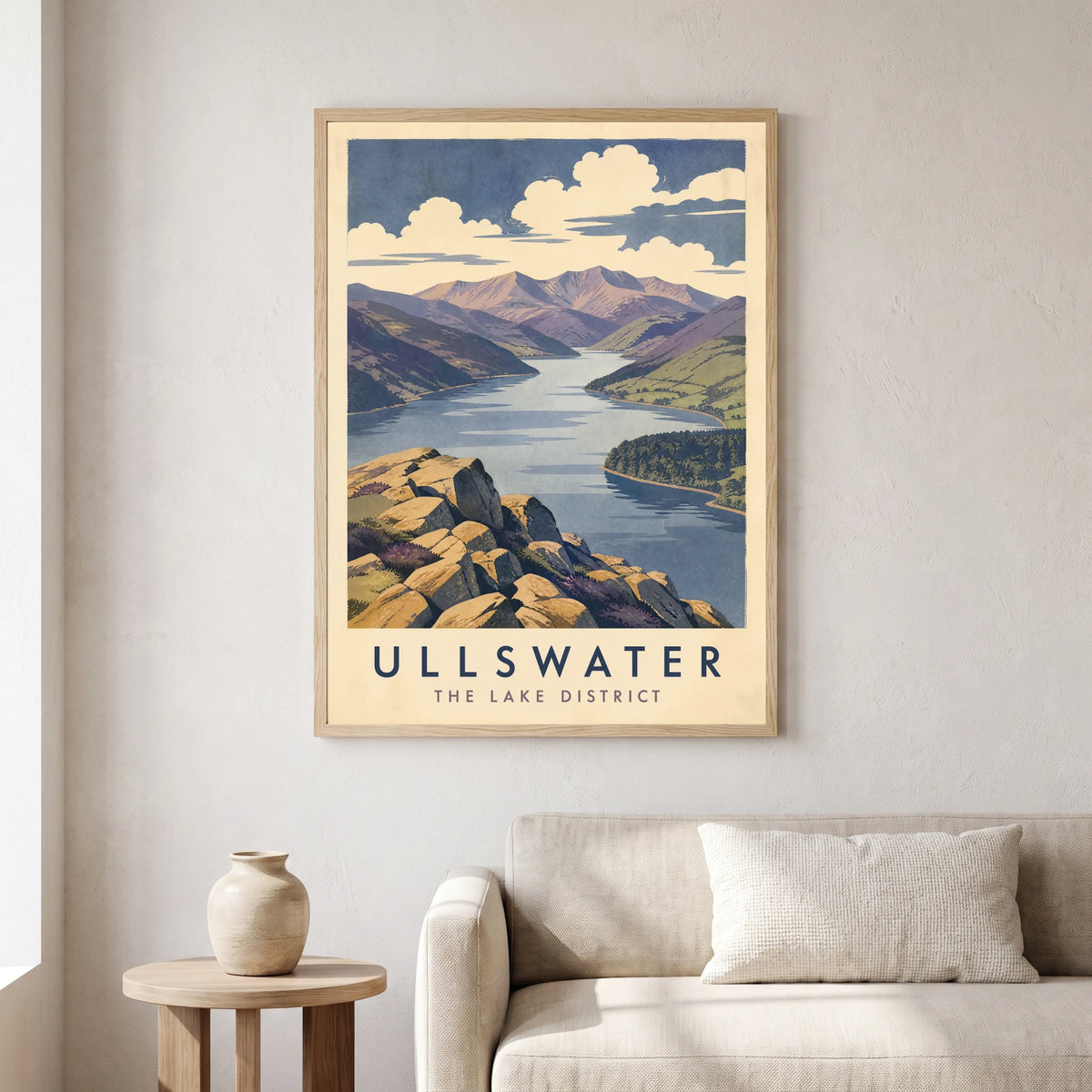 Ullswater travel poster in a natural frame, hanging in a living