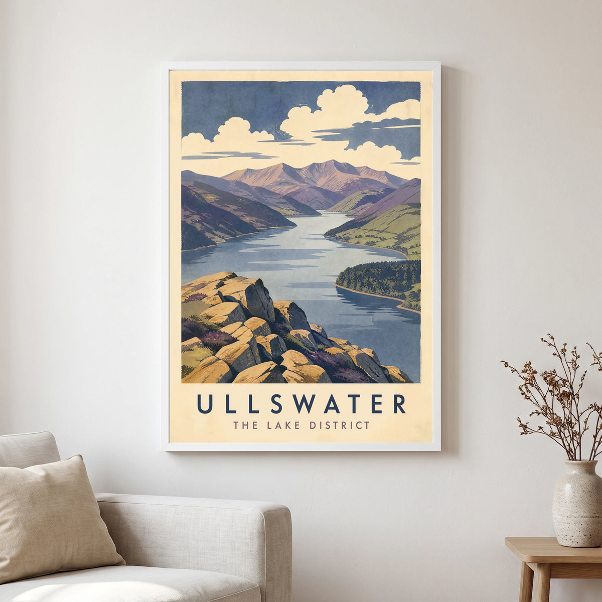 Ullswater travel poster in a white frame, hanging in a living2