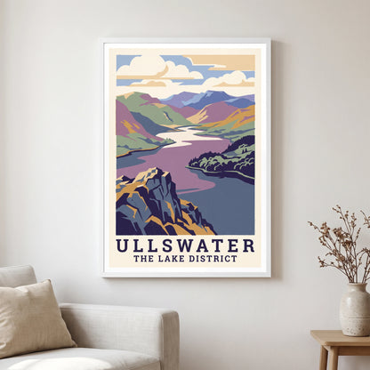 Ullswater travel poster in a white frame, hanging in a living2