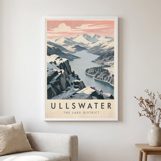 Ullswater travel poster in a white frame, hanging in a living2
