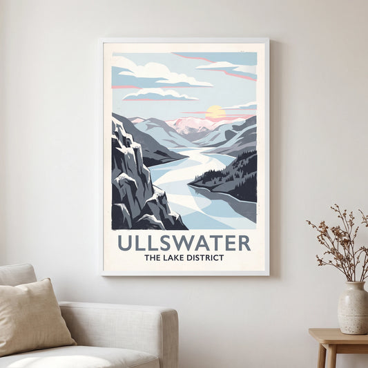 Ullswater travel poster in a white frame, hanging in a living2