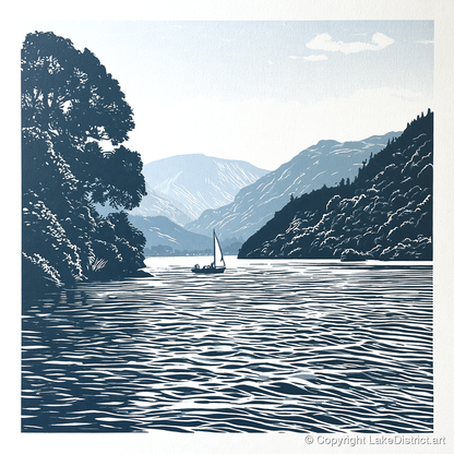 Ullswater Sailboat in Navy Blue - lake district lake art print and canvas by Alfred Morland A.I