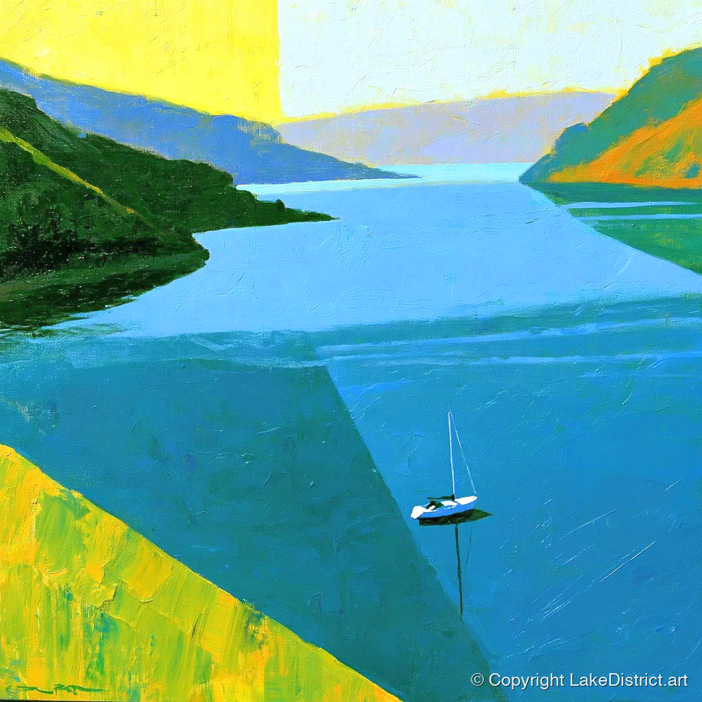 Ullswater Sailboat in Vibrant Blue - lake district lake art print and canvas by Daphne Morley A.I
