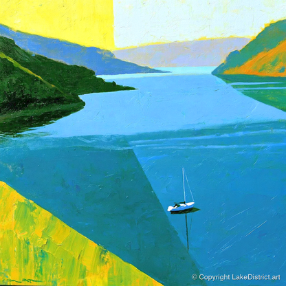 Ullswater Sailboat in Vibrant Blue - lake district lake art print and canvas by Daphne Morley A.I