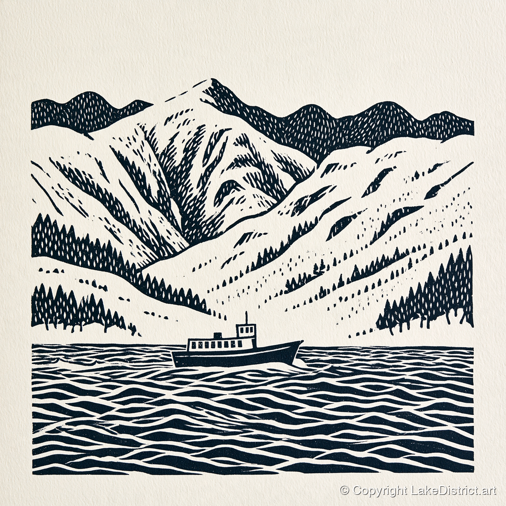 Ullswater Steamer in Deep Navy - lake district lake art print and canvas by Reuben Shaw A.I