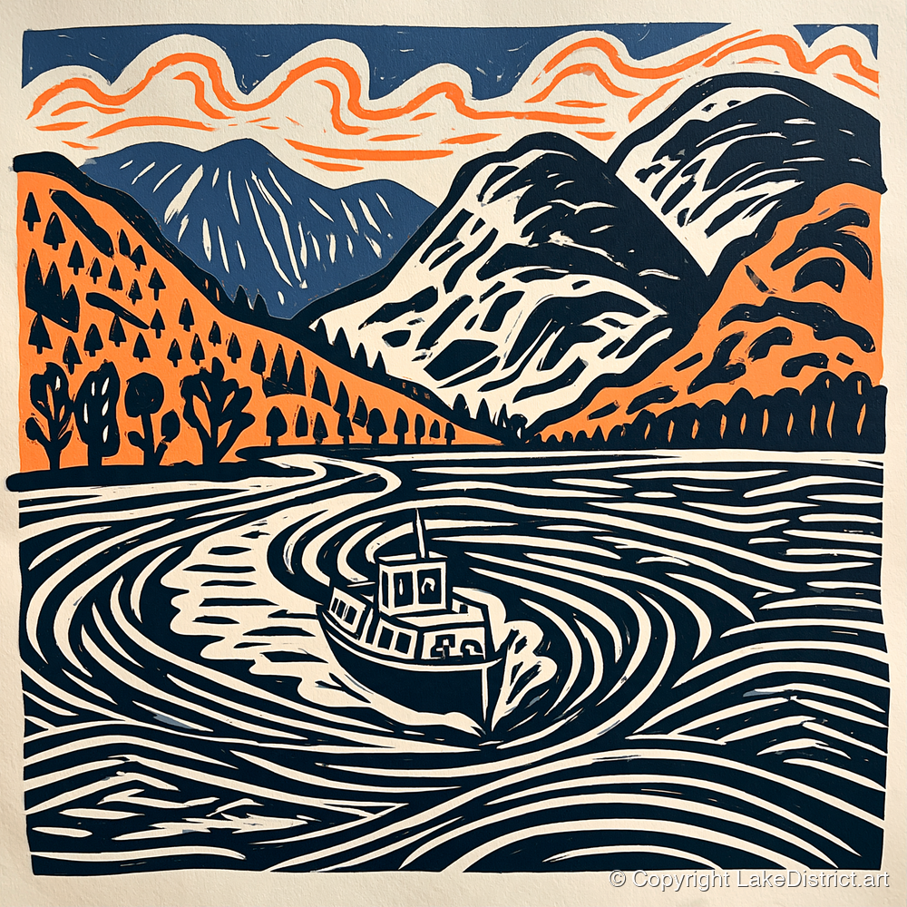 Ullswater Steamer in Terracotta and Navy - lake district lake art print and canvas by Leon Baxter A.I