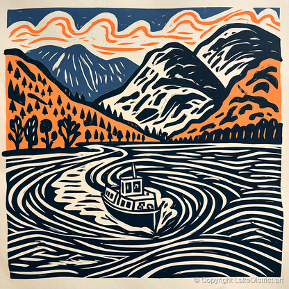 Ullswater Steamer in Terracotta and Navy - lake district lake art print and canvas by Leon Baxter A.I