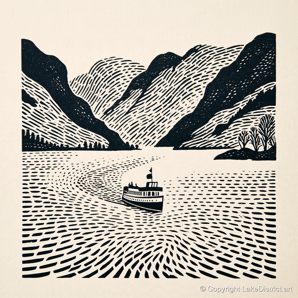 Ullswater Steamer on Swirling Waters - lake district lake art print and canvas by Reuben Shaw A.I