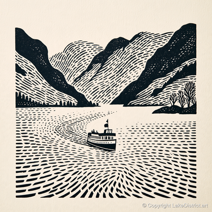 Ullswater Steamer on Swirling Waters - lake district lake art print and canvas by Reuben Shaw A.I