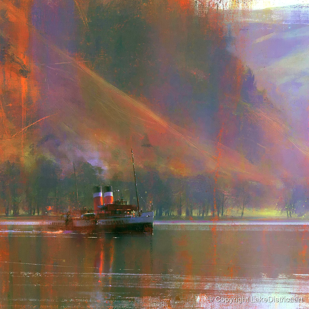 Ullswater Steamer Under Radiant Fells - lake district lake art print and canvas by Rupert Kingsley A.I