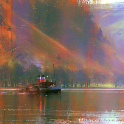 Ullswater Steamer Under Radiant Fells - lake district lake art print and canvas by Rupert Kingsley A.I