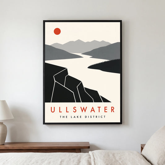 Ullswater travel poster in a black frame, hanging in a bedroom3