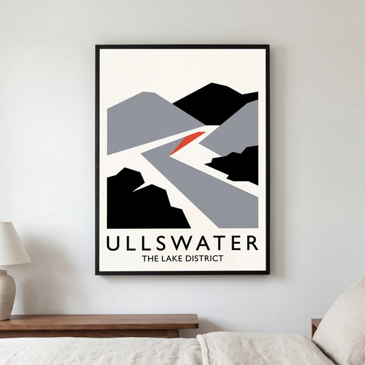 Ullswater travel poster in a black frame, hanging in a bedroom3