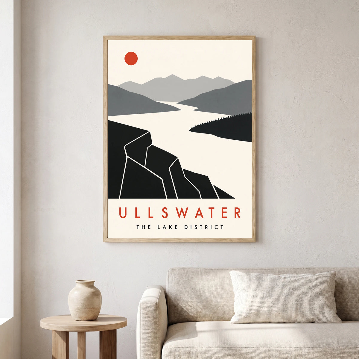 Ullswater travel poster in a natural frame, hanging in a living