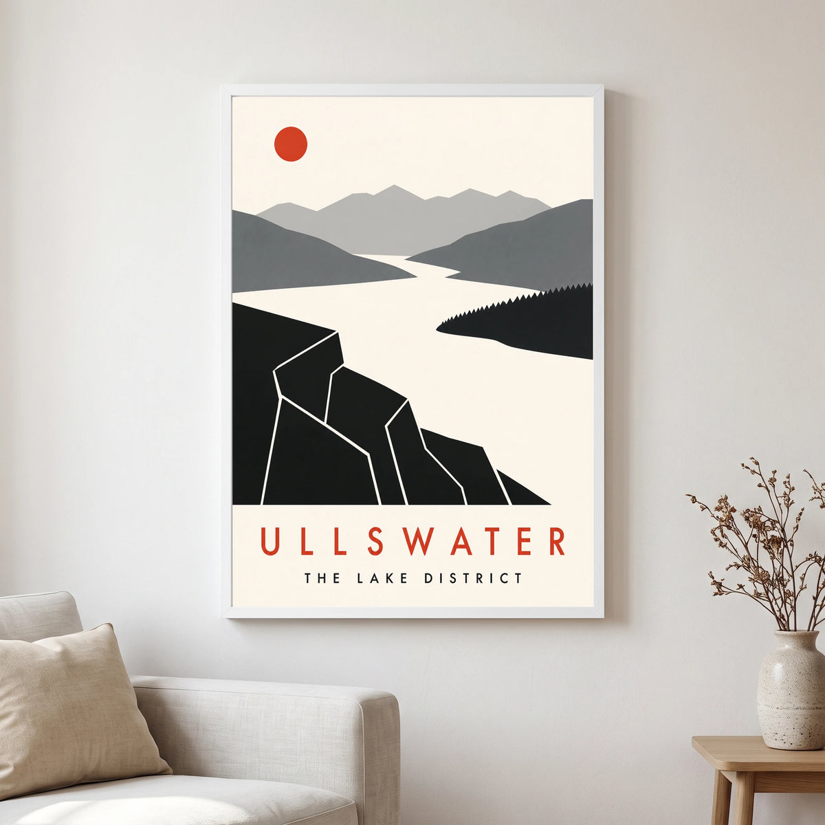 Ullswater travel poster in a white frame, hanging in a living2