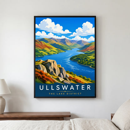 Ullswater travel poster in a black frame, hanging in a bedroom3