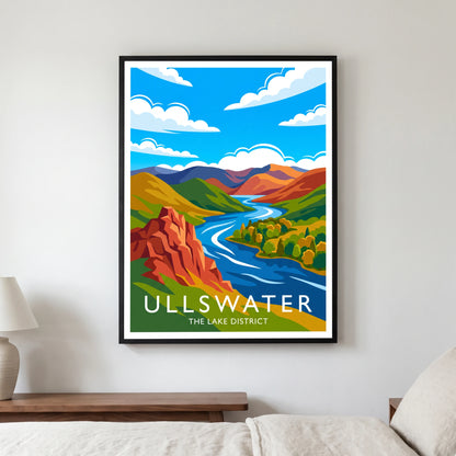 Ullswater travel poster in a black frame, hanging in a bedroom3