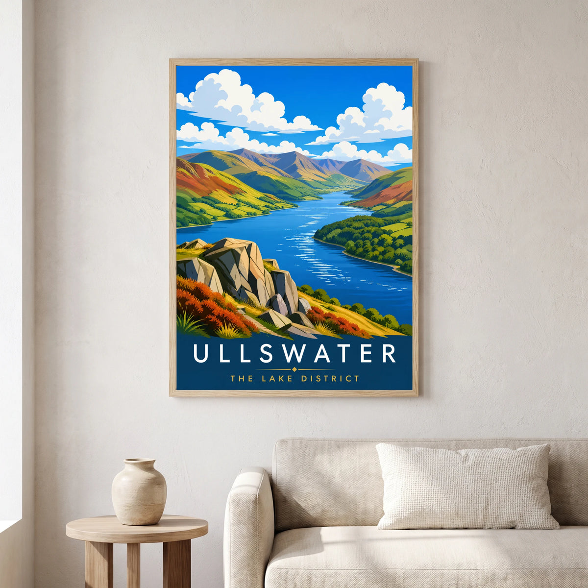 Ullswater travel poster in a natural frame, hanging in a living