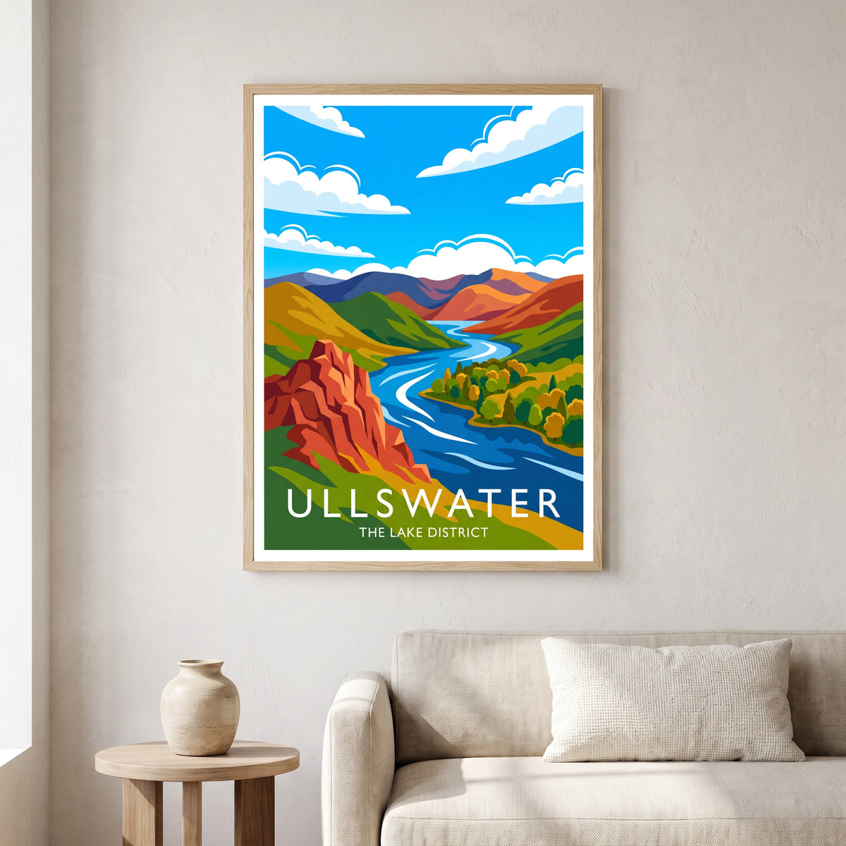 Ullswater travel poster in a natural frame, hanging in a living