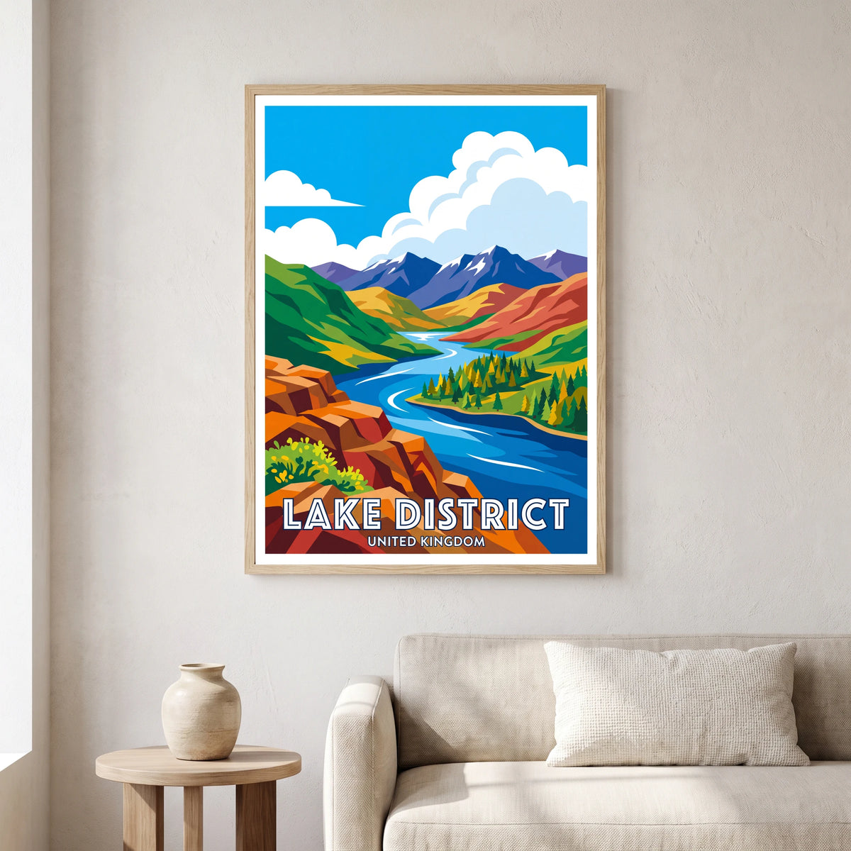 Ullswater travel poster in a natural frame, hanging in a living